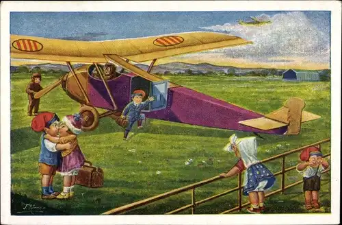 Künstler Ak Reisende nehmen Abschied vor dem Abflug, Flugzeug