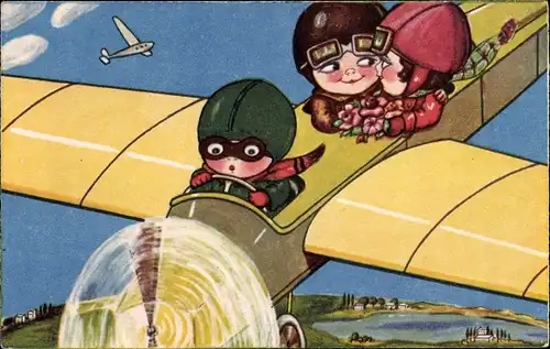 Künstler Ak Boriss, Margret, Paar im Flugzeug, Pilot