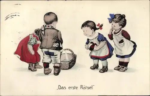 Künstler Ak Das erste Rätsel, Junge pinkelt in einen Korb, Mädchen schauen zu