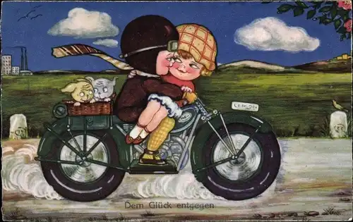 Künstler Ak Boriss, Margret, Paar auf Motorrad, Hunde, Dem Glück entgegen