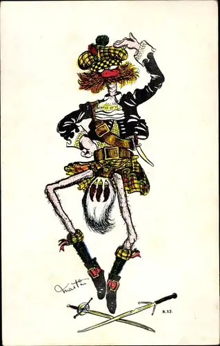 Künstler Ak Martin, Tanzender Schotte in Tracht, Kilt, Karikatur