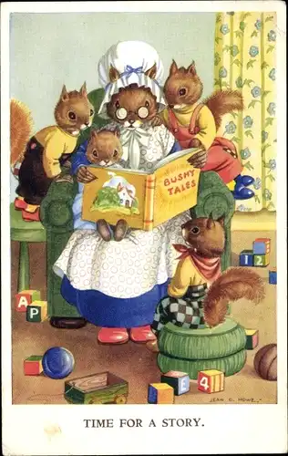Künstler Ak Howe, Jean D., Time for a Story, Vermenschlichte Eichhörnchen, Geschichtenbuch