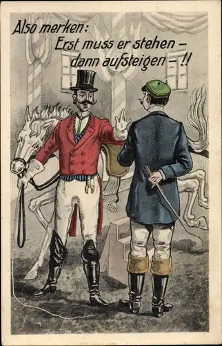 Ak Alos merken, erst muss er stehen, dann aufsteigen, Männer mit Pferd, Reitunterricht