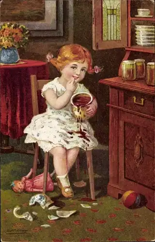 Künstler Ak Student, Mädchen nascht Honig, Puppe, zerbrochener Krug