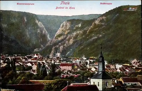 Ak Thale im Harz, Panorama mit Bodetal, Rosstrappe, Hexentanzplatz