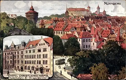 Künstler Ak Nürnberg in Mittelfranken, Hotel Christliches Hospiz, Tafelhofstraße 8-14, Am Sterntor