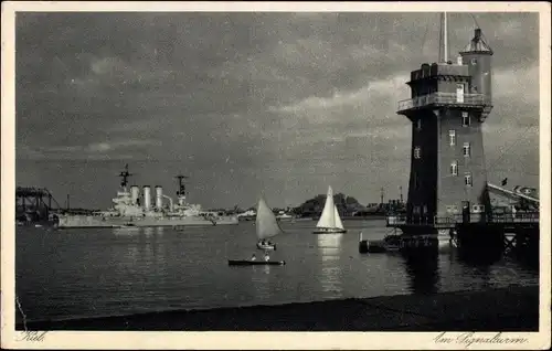 Ak Kiel Schleswig Holstein, Am Signalturm, Kriegsschiff
