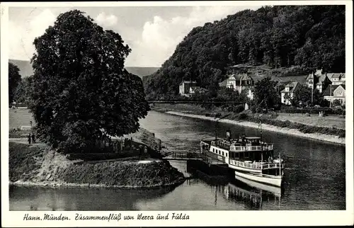 Ak Hann. Münden in Niedersachsen, Zusammenfluss v. Werra und Fulda, Dampfer am Anleger