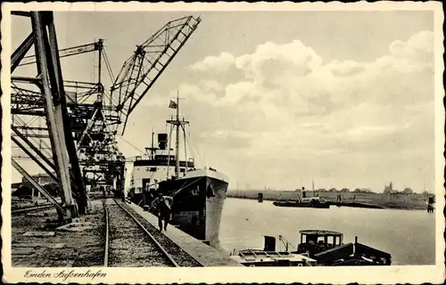 Ak Emden Ostfriesland, Außenhafen, Kräne, Schiffe
