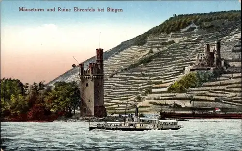 Ak Bingerbrück Bingen am Rhein, Mäuseturm und Ruine Ehrenfels, Dampfer