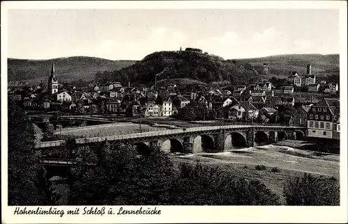 Ak Hohenlimburg Hagen in Westfalen, Panorama mit Schloss und Lennebrücke