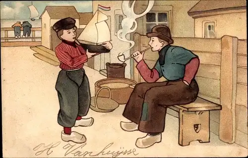 Litho Niederländische Volkstracht, Junge mit Schiffsmodell, Mann, Pfeife rauchend