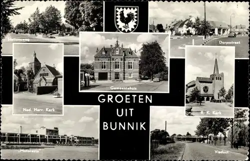 Ak Bunnik Utrecht Niederlande, Stationsweg, Gemeentehuis, Motoresto, Viaduct, R. K. Kerk