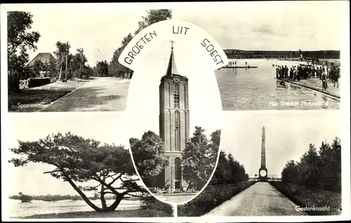Ak Soest Utrecht Niederlande, Sparrenlaan, Ned. Herv. Kerk, Natuurbad, Gedenknaald