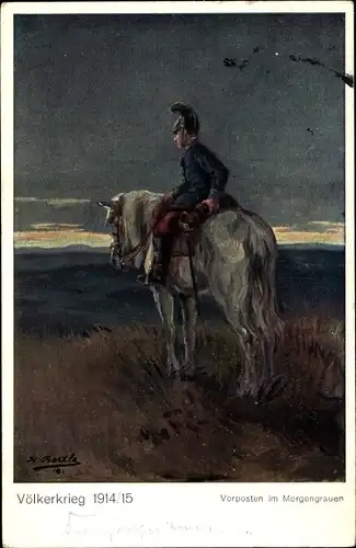 Künstler Ak Vorposten im Morgengrauen, I WK, Reiter