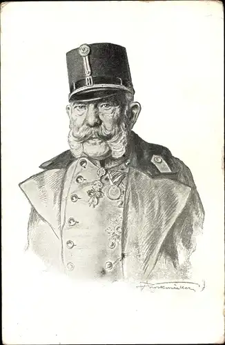 Künstler Ak Kaiser Franz Joseph I., Uniform, Helm, Mantel