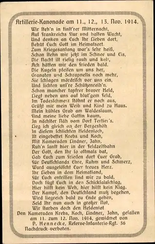 Gedicht Ak Artillerie Kanonade am 11. November 1914, Wir steh'n in finstrer Mitternacht, I WK