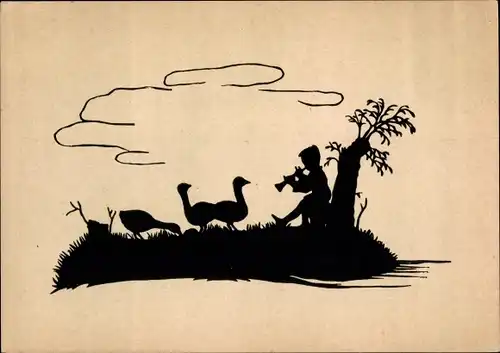 Scherenschnitt Ak Gänsehirte, Flötenspiel, Gänse grasen am Wasser