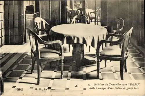 Ak Paquebot Paris, CGT French Line, Salle à manger d'une Cabine de grand luxe