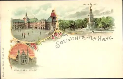 Litho La Haye Den Haag Südholland Niederlande, Place 1813, Binnenhof, Hotel des Loteries