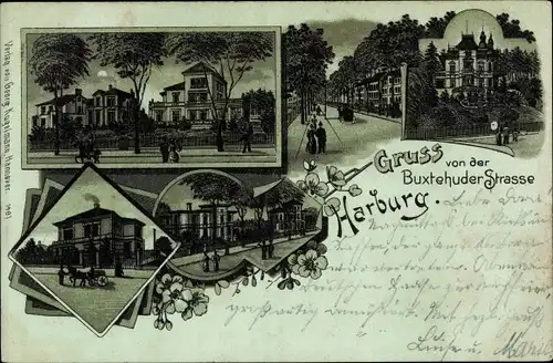 Mondschein Litho Hamburg Harburg, Buxtehuder Straße, Villen