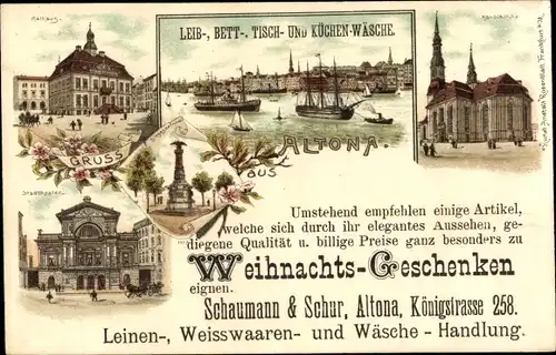 Litho Hamburg Altona, Rathaus, Kirche, Stadttheater, Wäschehandlung Schaumann & Schur, Königstr. 258
