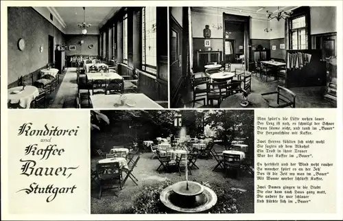 Ak Stuttgart in Württemberg, Konditorei und Kaffee Bauer, Kronenstraße 31, Garten, Gedicht