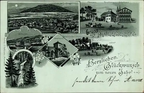 Mondschein Litho Murrhardt in Württemberg, Pfarrhaus, Forsthaus, Schule, Hexenturm, Panorama