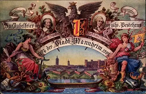 Ganzsachen Ak Mannheim 300 Jahrfeier der Stadt 1907, Kurfürst Friedrich, Kurfürst Karl Theodor