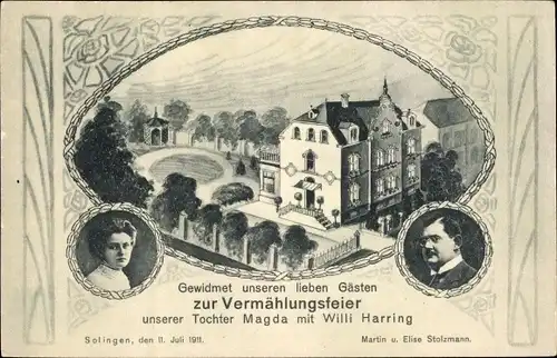 Ak Solingen, Vermählungsfeier Magda Stolzmann, Willi Harring 1911, Martin und Elise Stolzmann