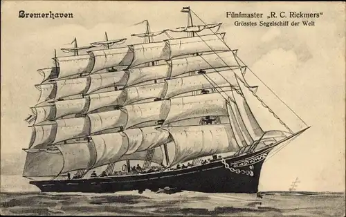 Ak Fünfmaster R. C. Rickmers, größtes Segelschiff der Welt, Bremerhaven