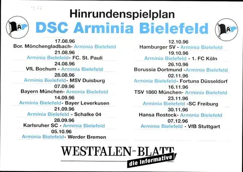 Stundenplan Westfalen-Blatt, DSC Arminia Bielefeld, Bundesliga Spielplan 1996