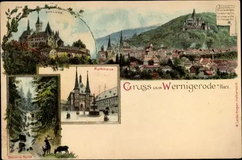Litho Wernigerode am Harz, Schloss, Rathaus, Steinerne Renne, Totalansicht