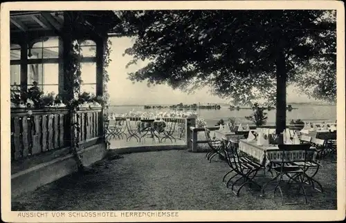 Ak Herrenchiemsee Chiemsee Oberbayern, Aussicht vom Schlosshotel, Restaurant