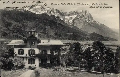 Ak Garmisch Partenkirchen Oberbayern, Pension Villa Victoria, Blick auf die Zugspitze