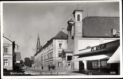 Ak Weilheim Oberbayern, Heiliggeist Kirche, Spital