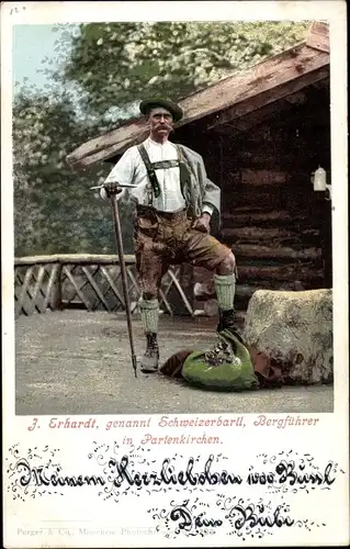 Ak Garmisch Partenkirchen in Oberbayern, J. Erhardt, Schweizerbartl, Bergführer, Lederhose