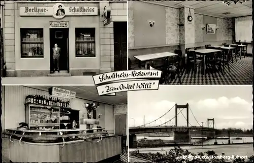 Ak Ruhrort Duisburg im Ruhrgebiet, Schultheiss Restaurant Zum Onkel Willi, Rheinbrücke