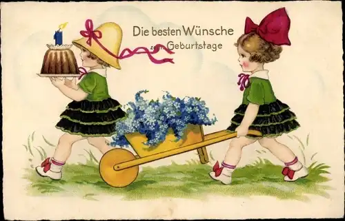 Ak Geburtstag Glückwunsch, Mädchen mit Schubkarre, Kuchen, Blumen