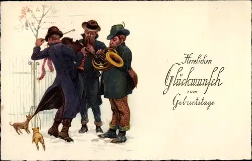 Ak Glückwunsch Geburtstag, Gratulanten spielen Musikinstrumente, Verspielte Hunde