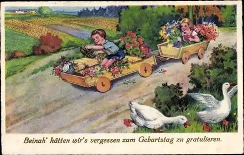 Ak Glückwunsch Geburtstag, Kinder, Gratulanten, Blumen, Gänse