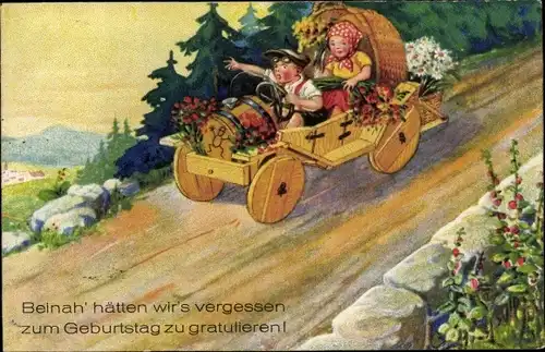 Ak Glückwunsch Geburtstag, Kinder, Gratulanten, Auto, Blumen