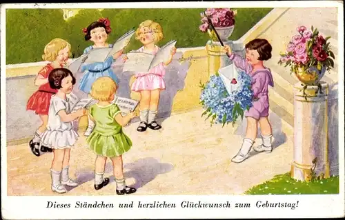 Ak Glückwunsch Geburtstag, Kinder, Singende Gratulanten, Blumen
