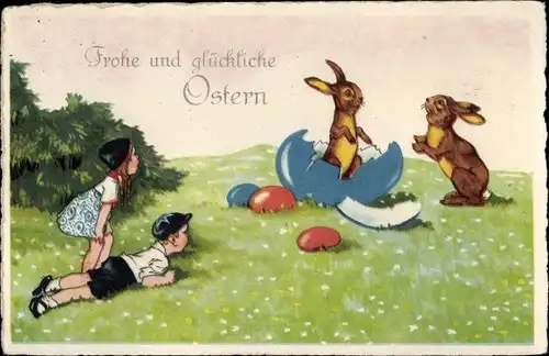 Ak Glückwunsch Ostern, Osterhase schlüpft aus, Ostereier, Kinder