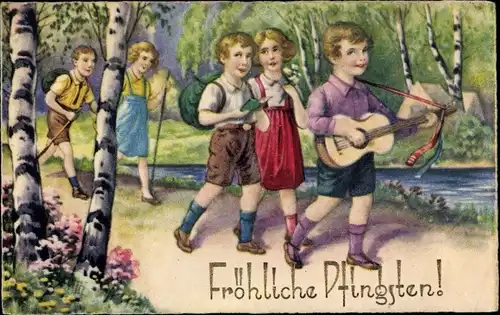 Ak Glückwunsch Pfingsten, Kinder in Wald, Wanderer, Gitarre, Birken