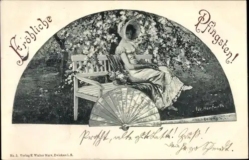 Künstler Ak Herrfurth, O., Glückwunsch Pfingsten, Frau im Park, Fächer, Blühender Baum