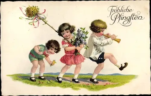 Ak Glückwunsch Pfingsten, Kinder mit Blumen und Flöte