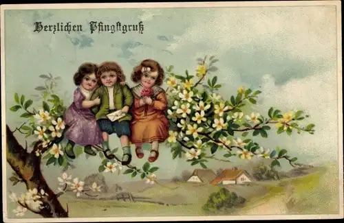 Ak Glückwunsch Pfingsten, Kinder am Baum, Blüten