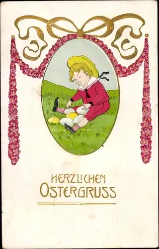 Präge Ak Glückwunsch Ostern, Kind, Ostereier, Blumen