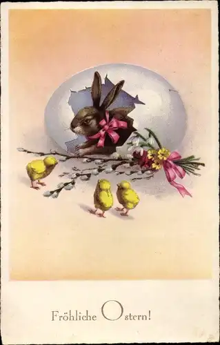 Ak Glückwunsch Ostern, Küken, Weidenkätzchen, Osterei